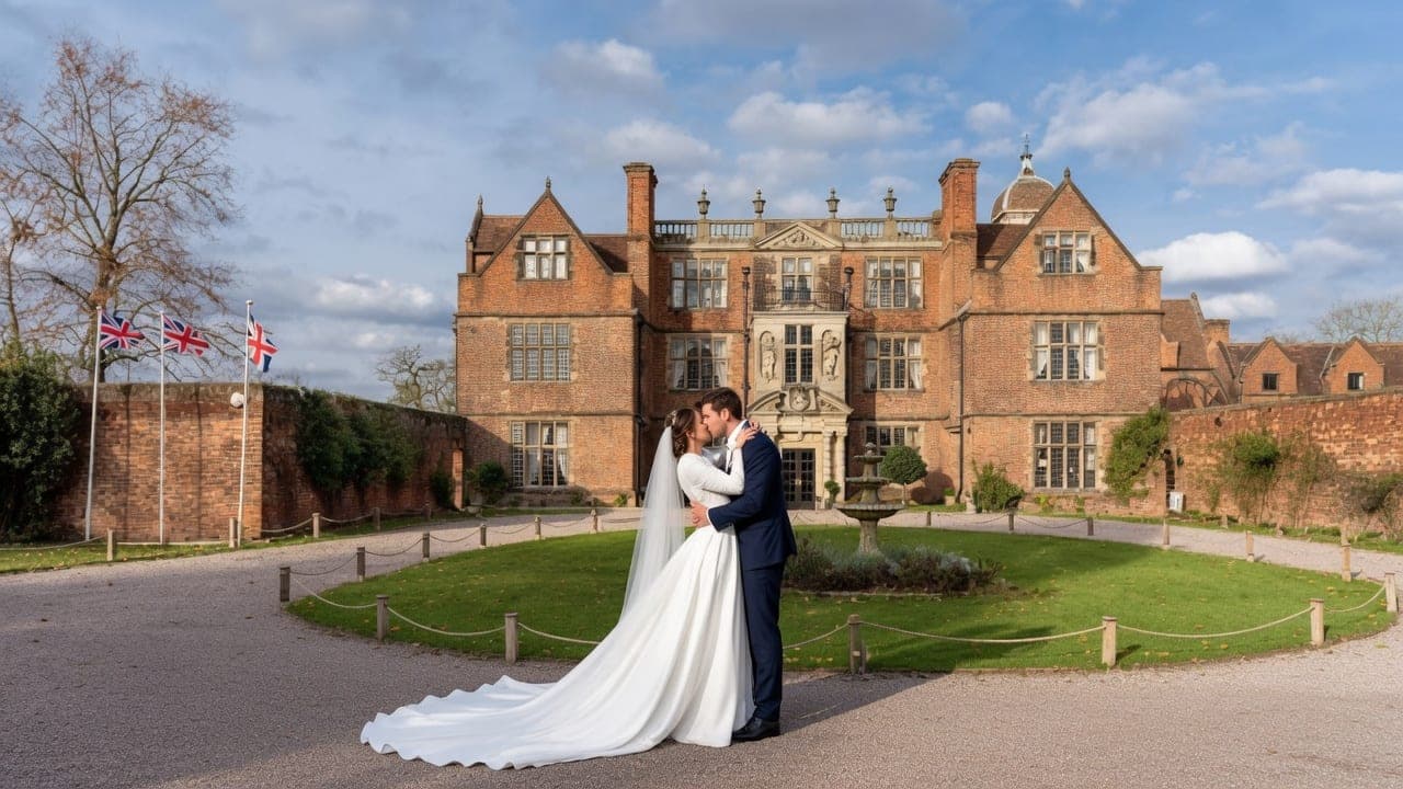 Newlyweds in front of Castle Bromwich Hall Hotel